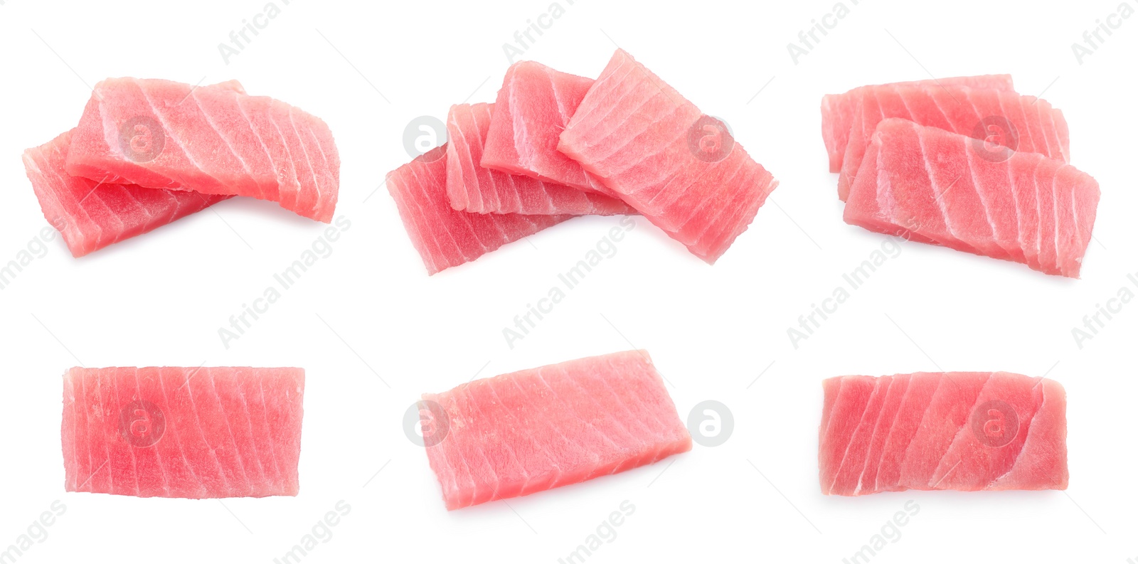 Image of Collage with fresh tuna sashimi isolated on white