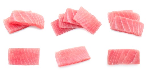 Image of Collage with fresh tuna sashimi isolated on white