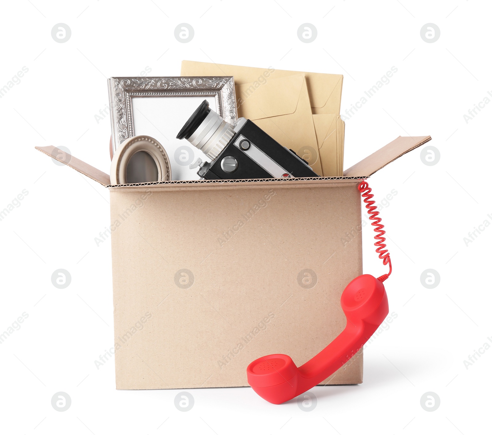 Photo of Box with unwanted stuff isolated on white