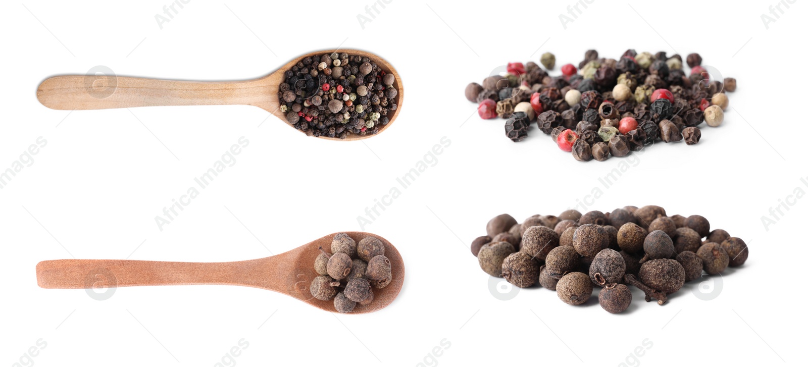 Image of Set of different peppercorns on white background. Banner design