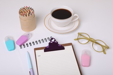 Photo of To do notes, notebook, stationery, glasses and coffee on white background. Planning concept