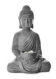 Photo of Beautiful stone Buddha sculpture with flower petals isolated on white