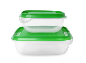 Photo of Empty plastic containers on white background. Food storage