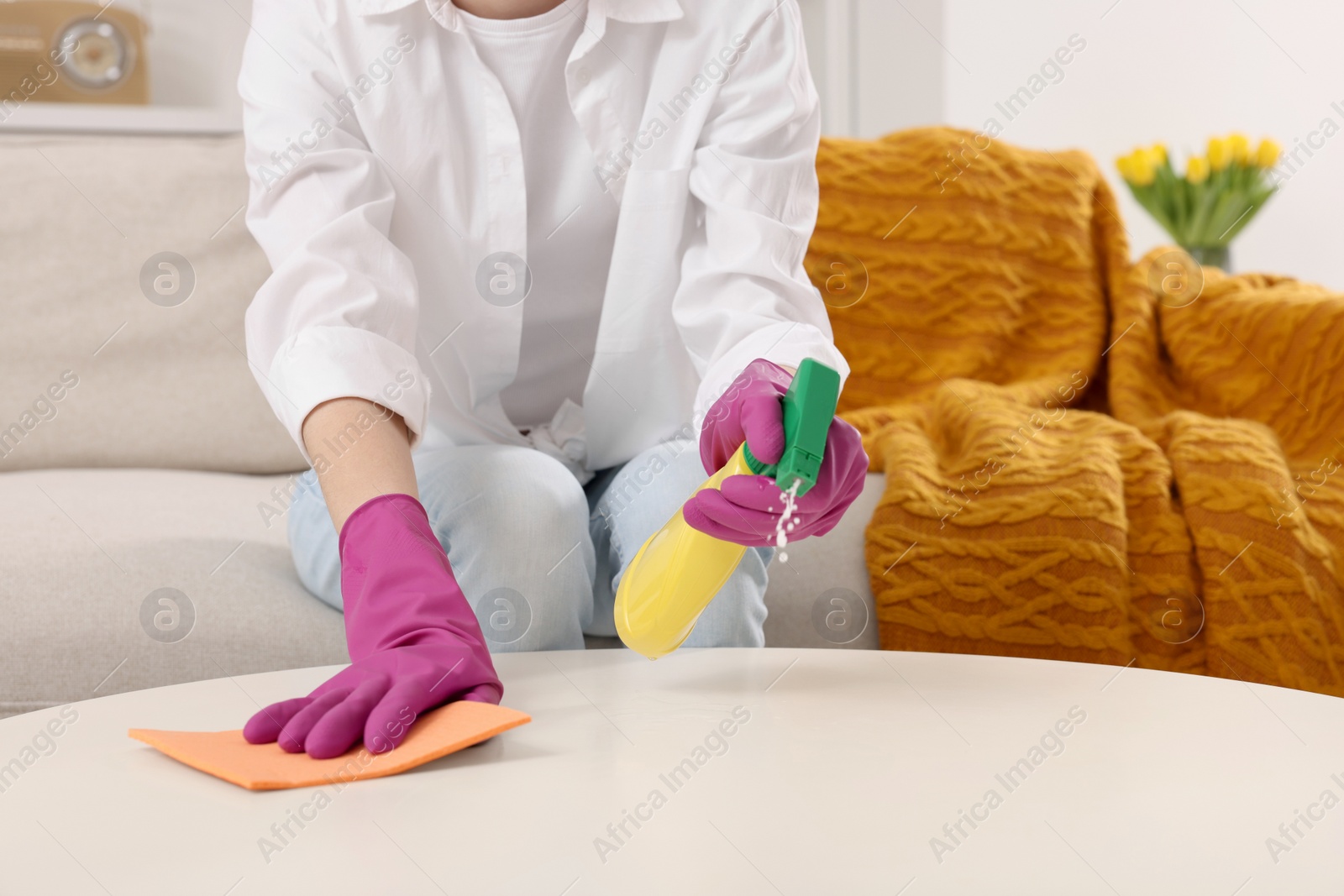 Photo of Spring cleaning. Woman tidying up living room at home, closeup