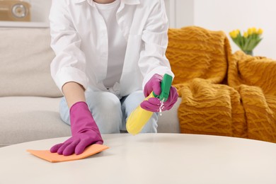 Photo of Spring cleaning. Woman tidying up living room at home, closeup