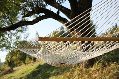 Comfortable net hammock outdoors on sunny day, closeup