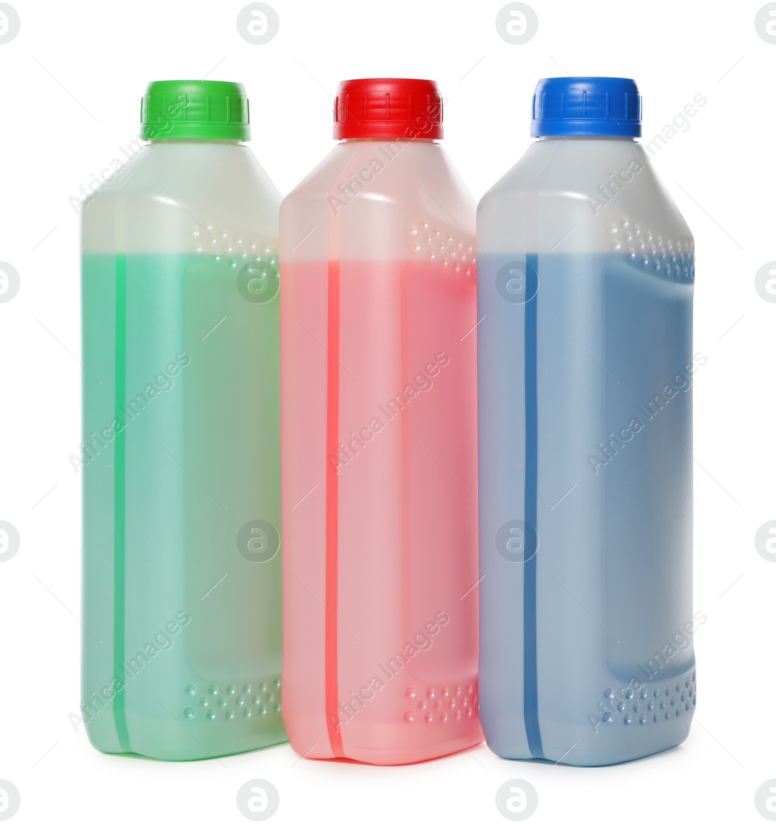 Photo of Antifreeze in plastic bottles isolated on white