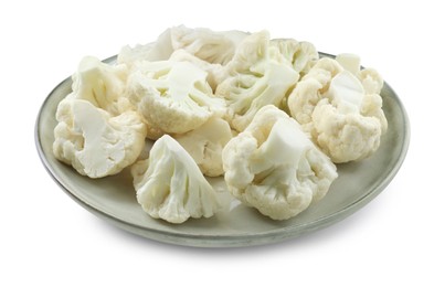 Photo of Plate with cut fresh raw cauliflowers on white background