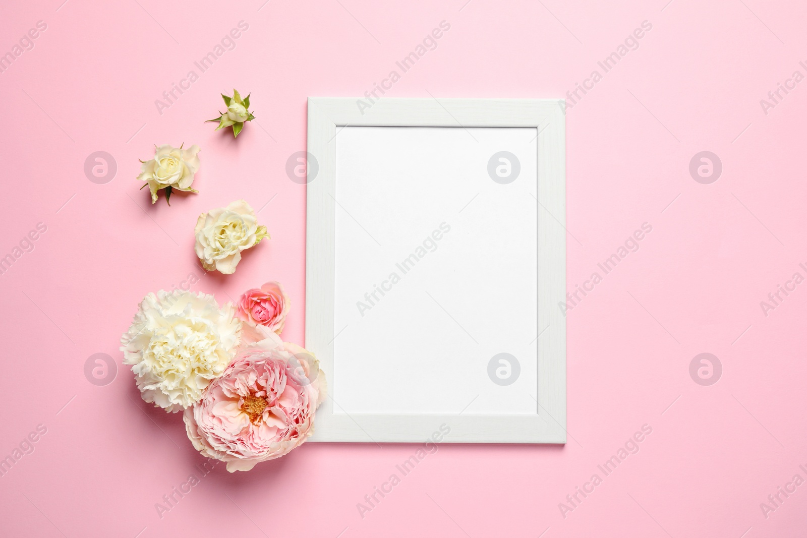 Photo of Empty photo frame and beautiful flowers on pink background, flat lay. Space for design