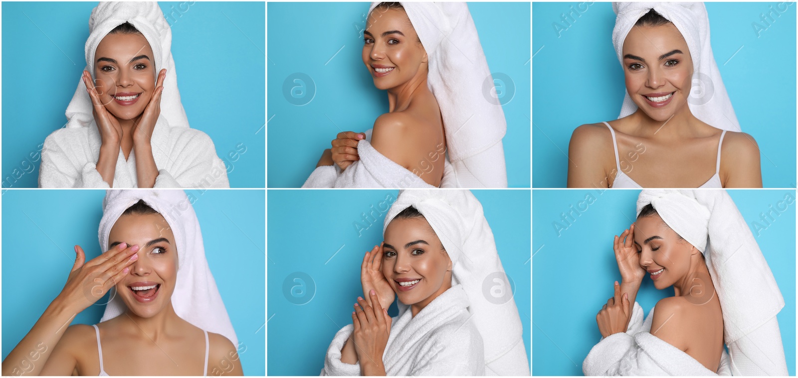 Image of Collage with photos of beautiful young woman with towels on light blue background. Banner design