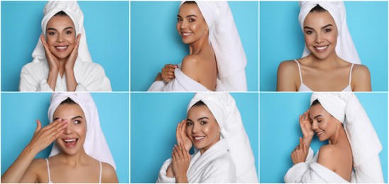 Collage with photos of beautiful young woman with towels on light blue background. Banner design