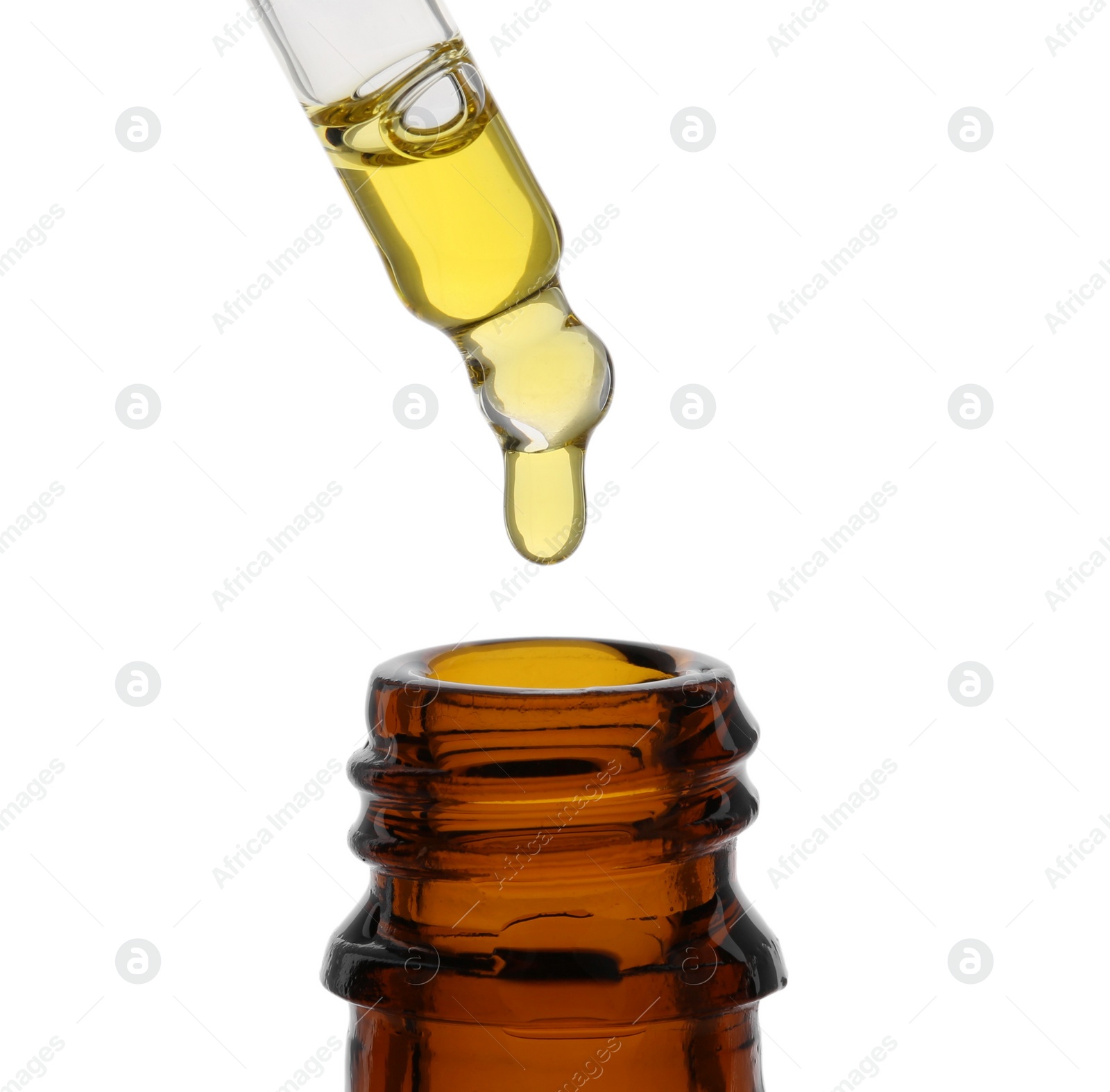 Photo of Dripping tincture from pipette into bottle isolated on white