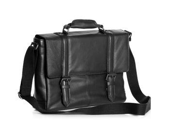 Photo of Black male leather briefcase with strap on white background