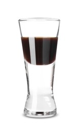 Photo of Shot glass with coffee liqueur isolated on white