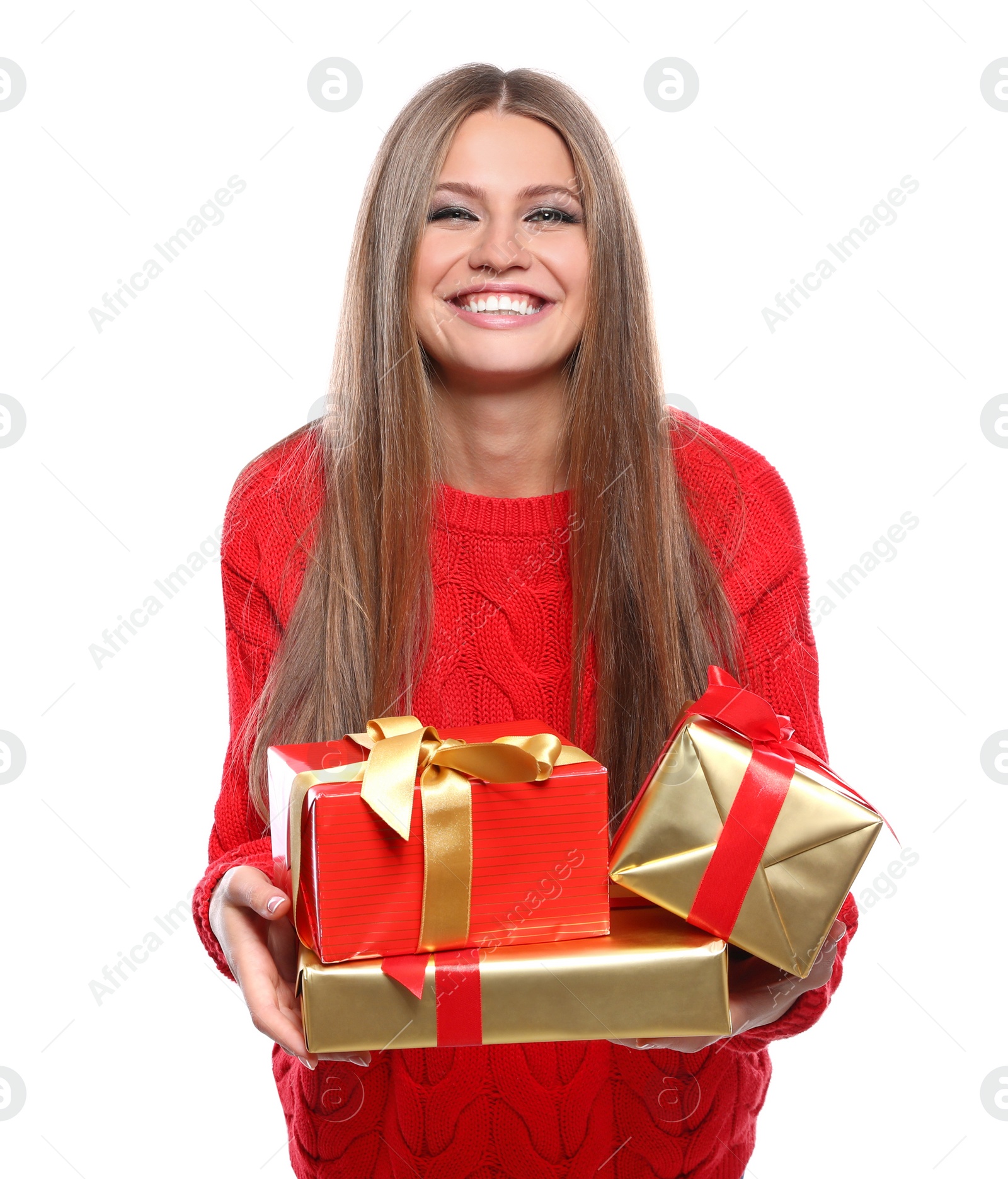 Photo of Young woman with Christmas gifts on white background