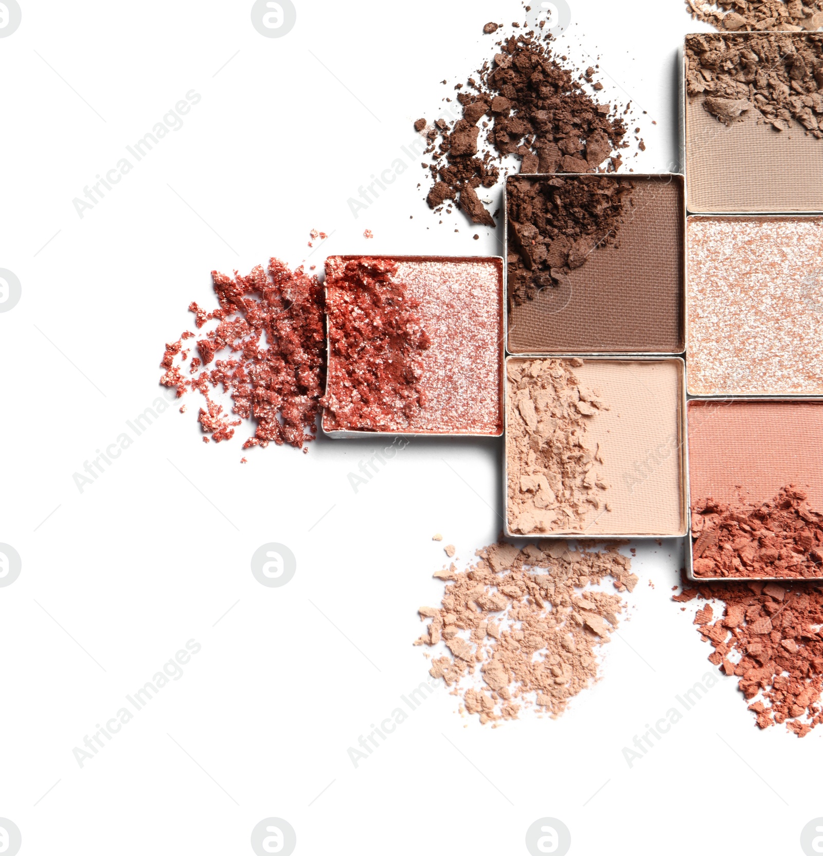 Photo of Crushed eye shadows on white background, flat lay with space for text. Professional makeup product