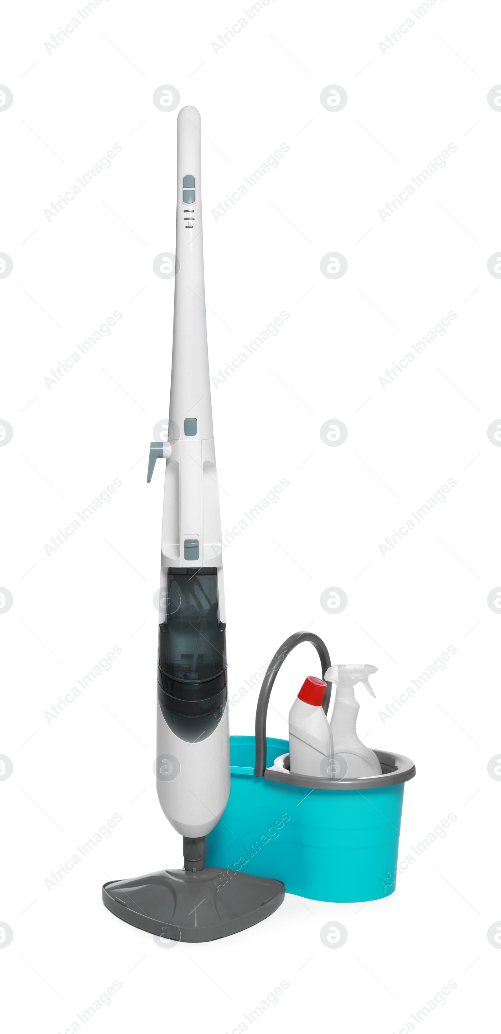 Photo of Modern steam mop and bucket with different cleaning supplies isolated on white