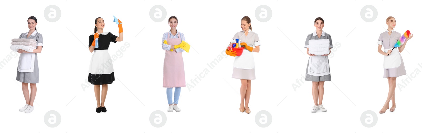 Image of Collage with chambermaids on white background. Banner design