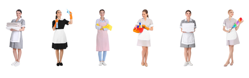 Image of Collage with chambermaids on white background. Banner design