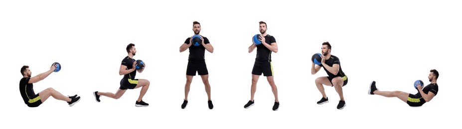 Athletic man doing different exercises with medicine ball on white background, collage. Banner design