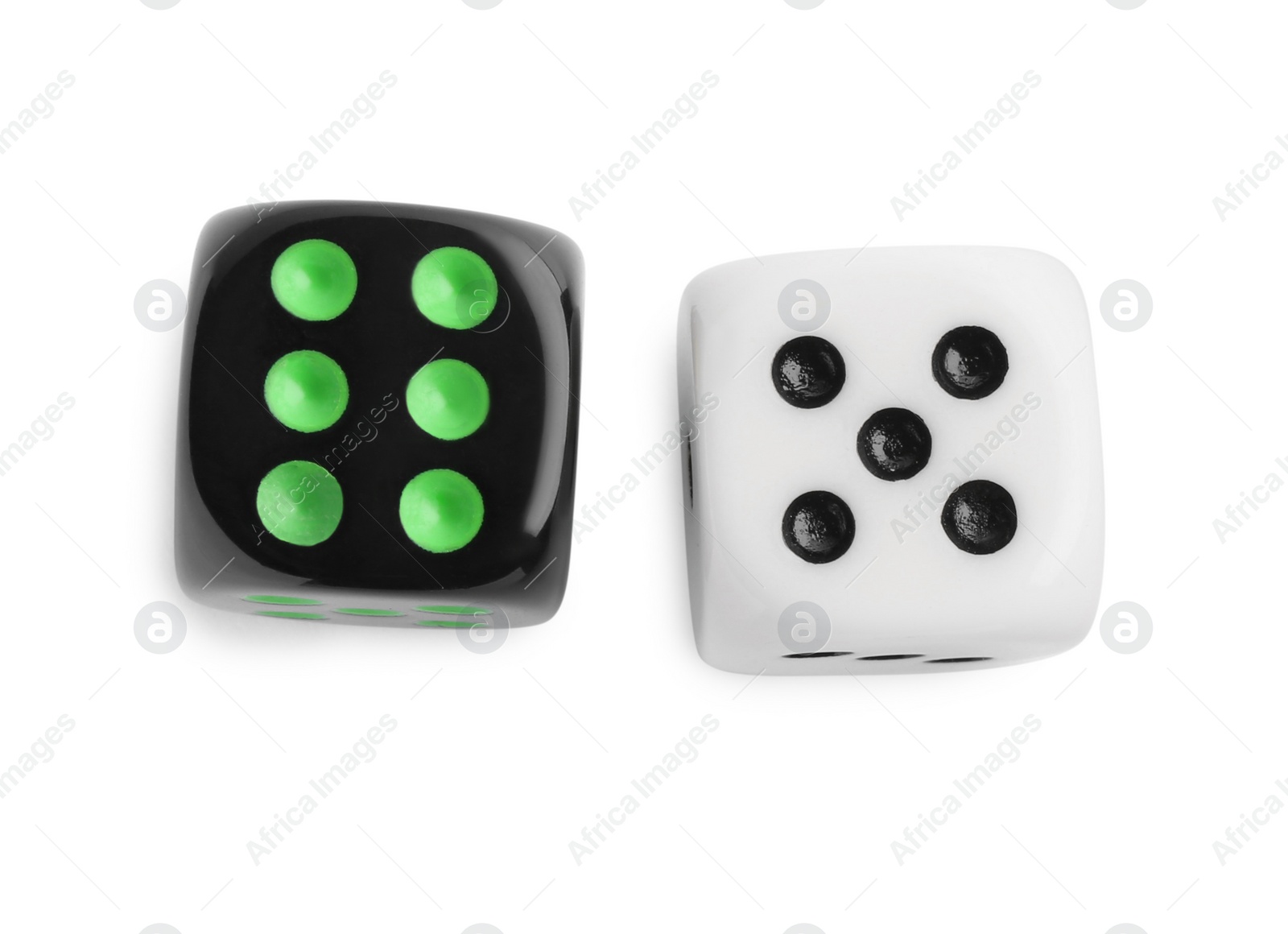 Photo of Two color game dices isolated on white, top view