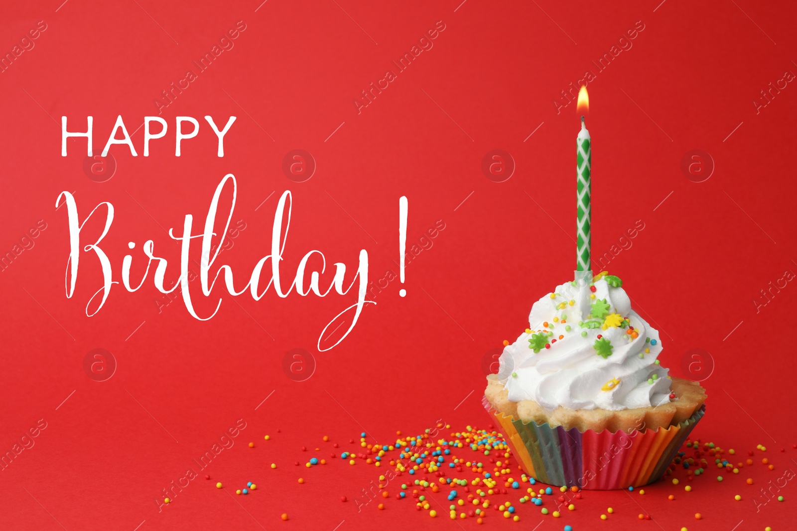 Image of Happy Birthday! Delicious cupcake with candle on red background