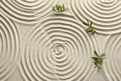 Photo of Beautiful spirals and branches on sand, flat lay. Zen garden