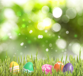 Image of Colorful Easter eggs in green grass against blurred background, space for text