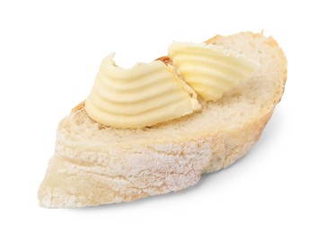 Photo of Tasty butter curl and slice of bread isolated on white