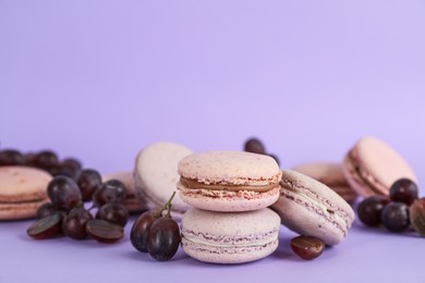 Photo of Delicious macarons and grapes on violet background, space for text