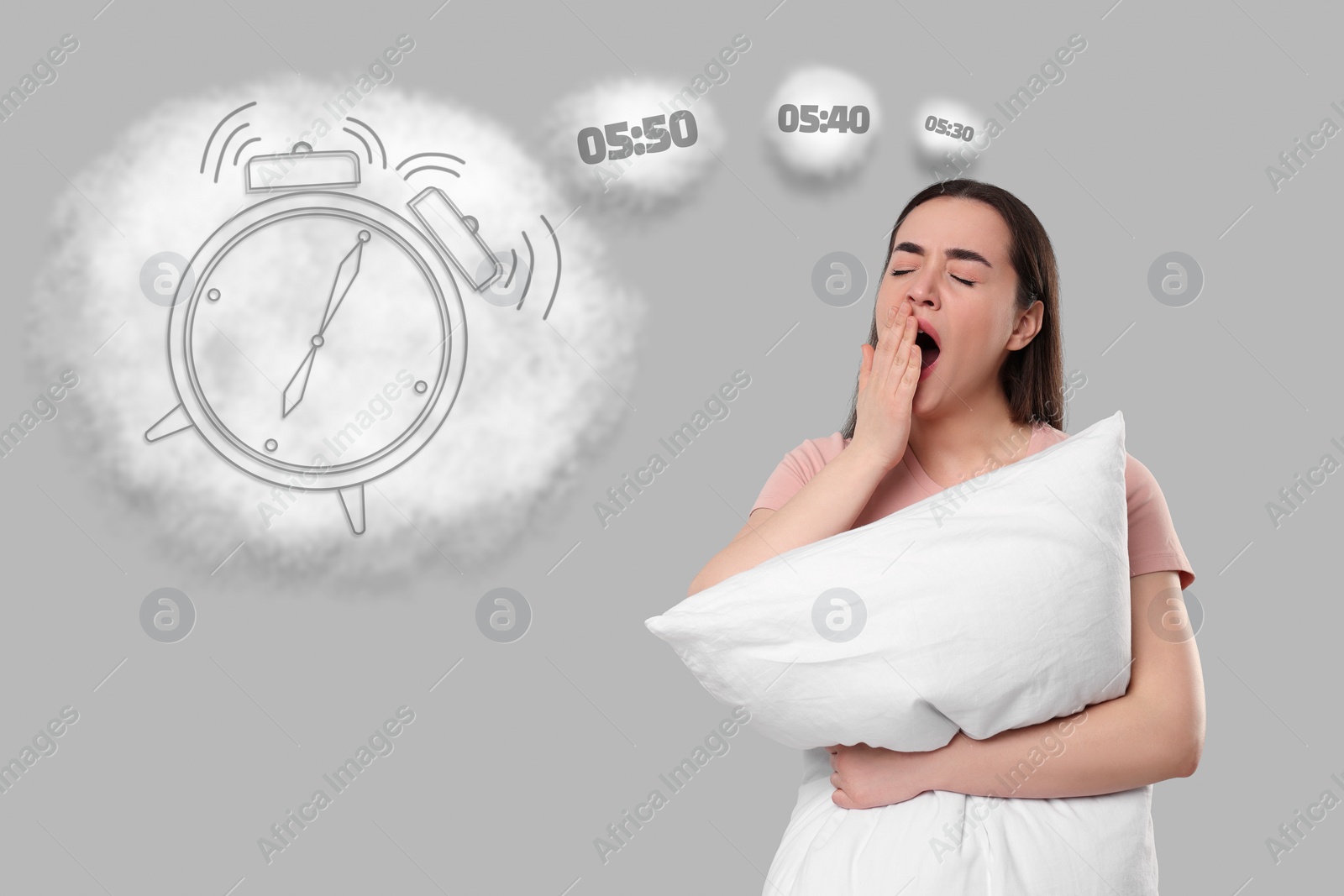 Image of Suffering from insomnia. Woman with pillow yawning and thinking about time available to sleep on light grey background. Thought clouds with different time and illustration of alarm clock