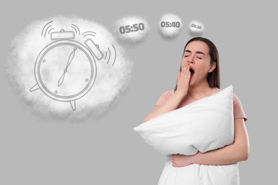 Image of Suffering from insomnia. Woman with pillow yawning and thinking about time available to sleep on light grey background. Thought clouds with different time and illustration of alarm clock
