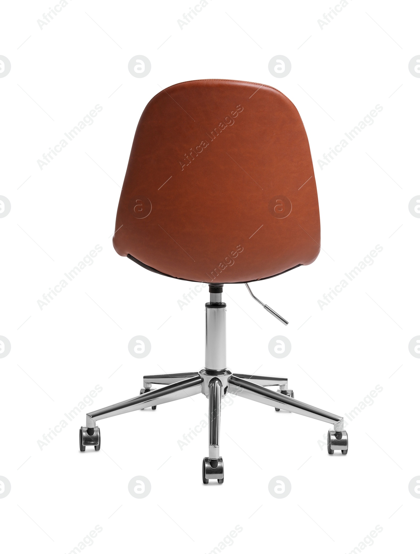 Photo of Comfortable leather office chair isolated on white, back view