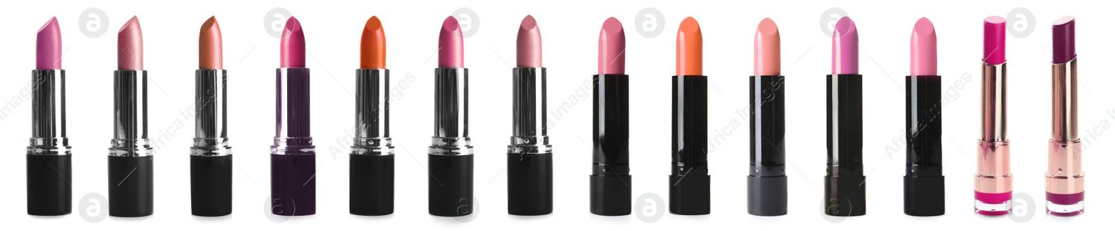 Image of Set with different lipsticks on white background, banner design 