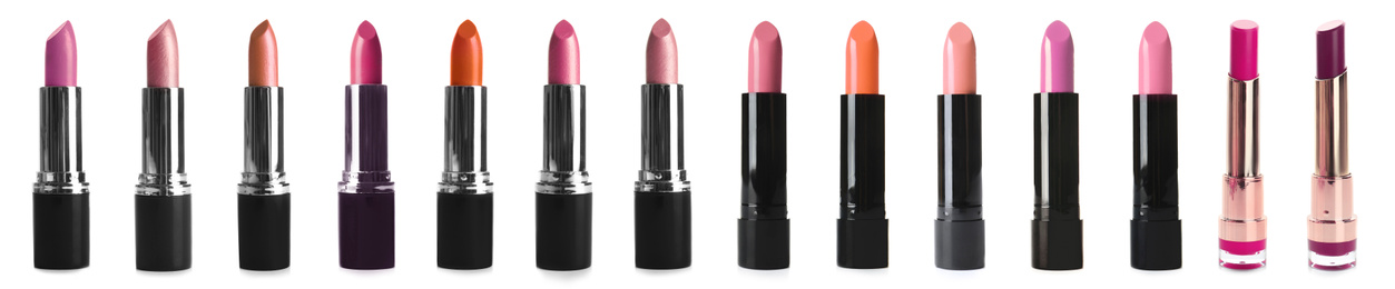 Image of Set with different lipsticks on white background, banner design 