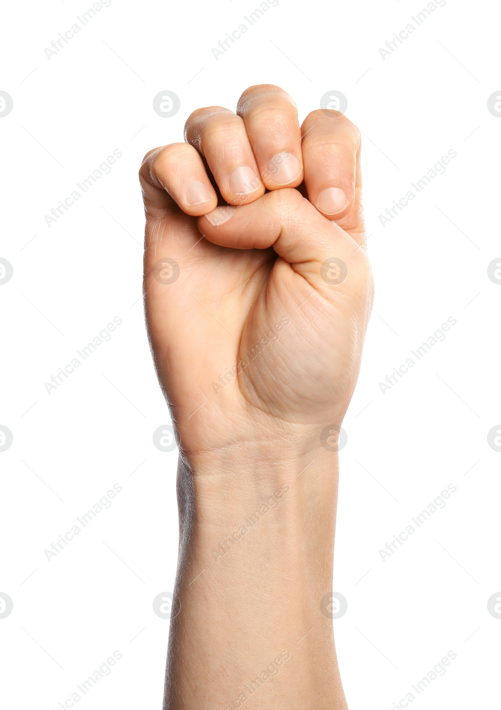 Photo of Man showing E letter on white background, closeup. Sign language
