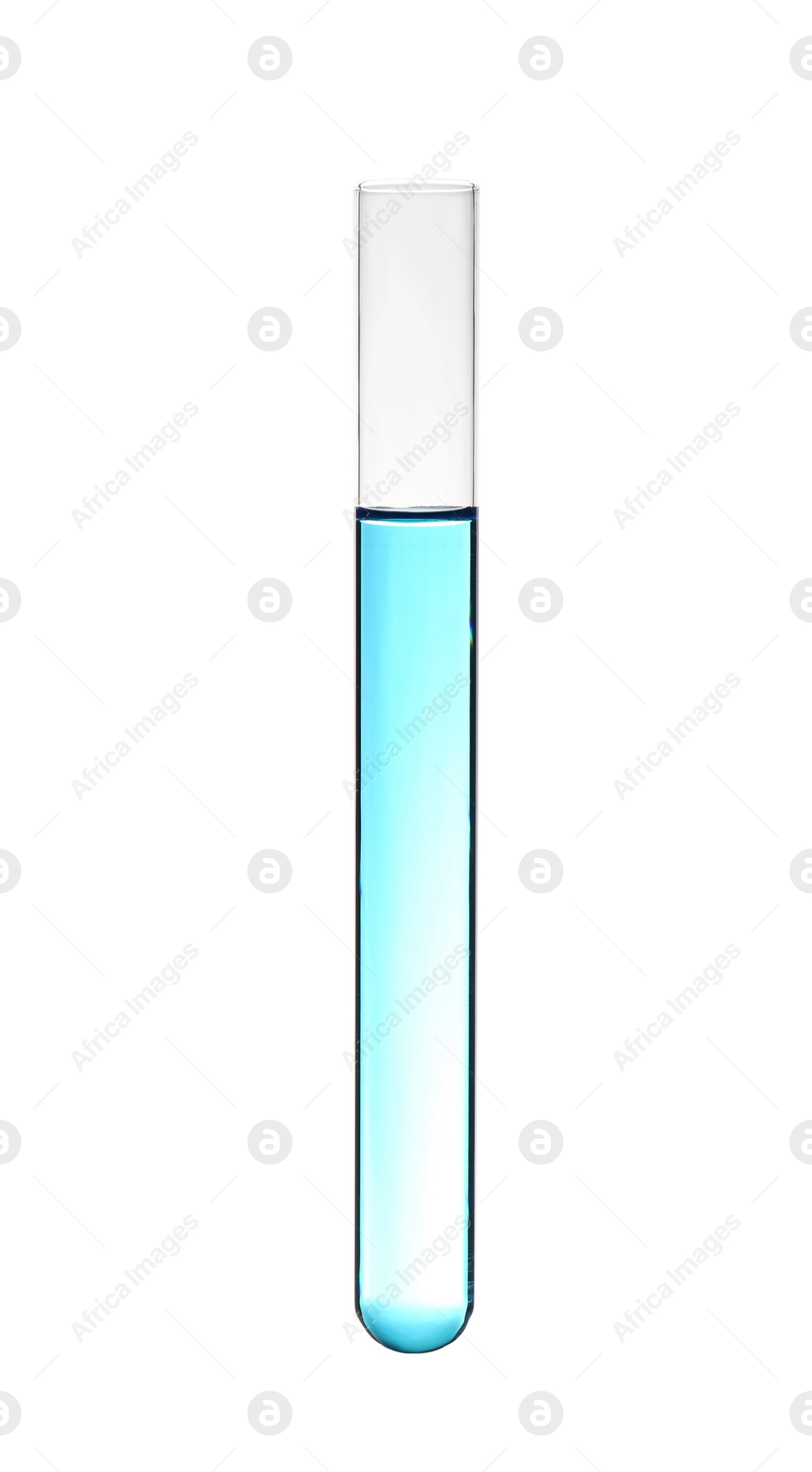 Photo of Test tube with color liquid on white background. Solution chemistry