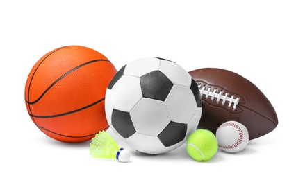 Photo of Set of different sport balls and shuttlecock on white background