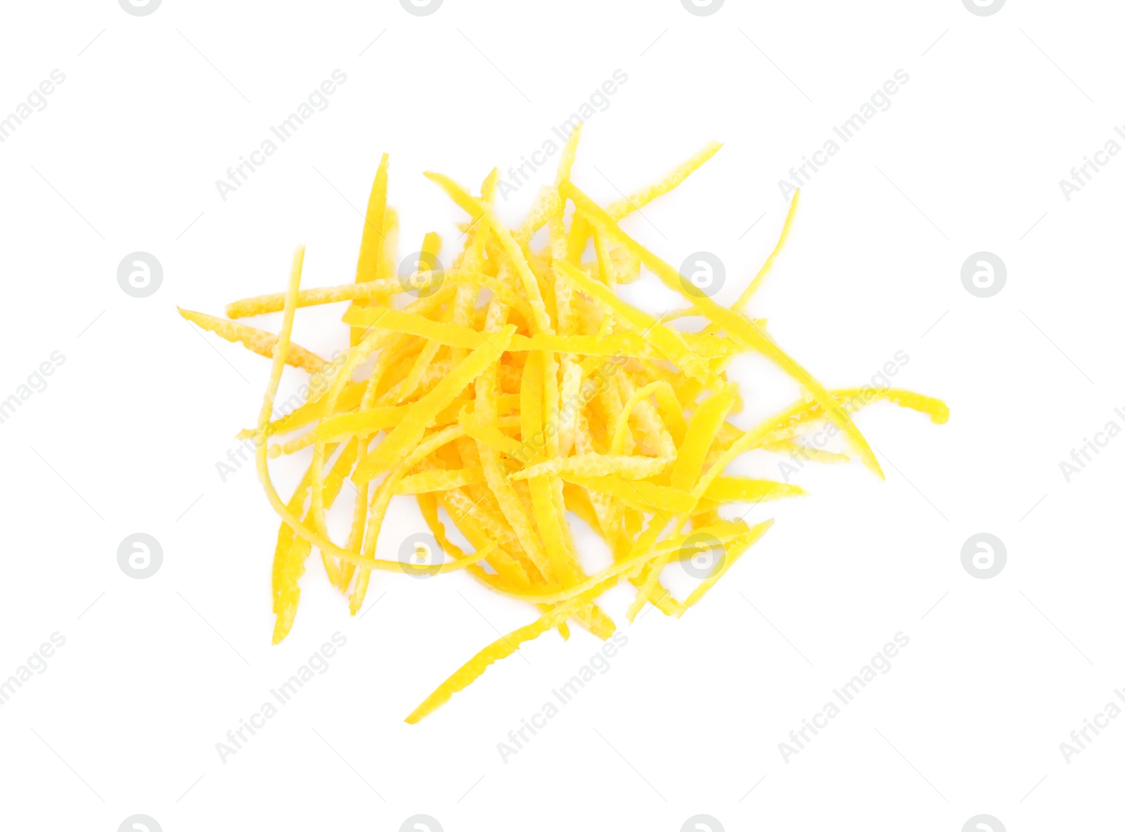 Photo of Fresh lemon zest on white background, top view