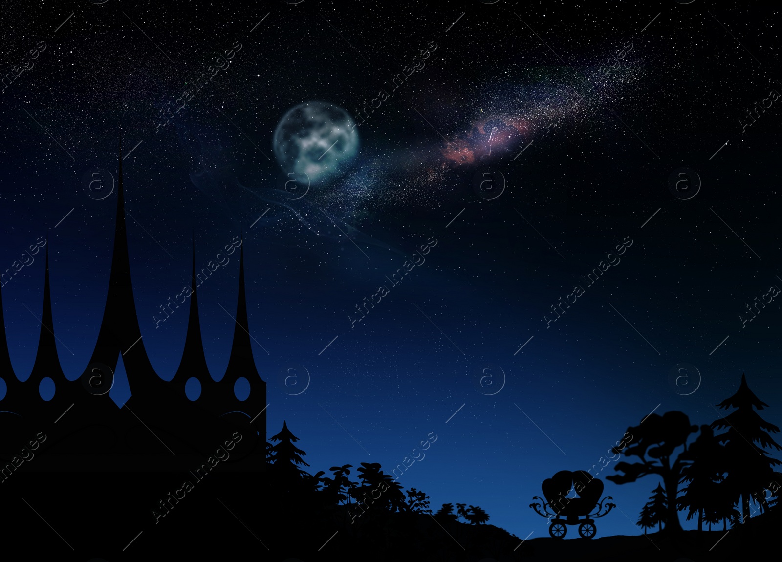 Image of Fairy tale world. Magnificent castle under starry sky with full moon at night