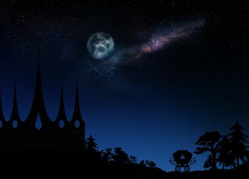Image of Fairy tale world. Magnificent castle under starry sky with full moon at night