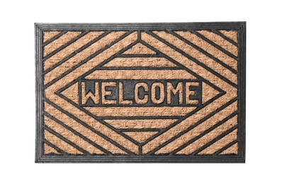 Photo of Brown welcome doormat with pattern isolated on white, top view