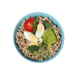 Delicious boiled oatmeal with egg, tomato and avocado in bowl isolated on white, top view
