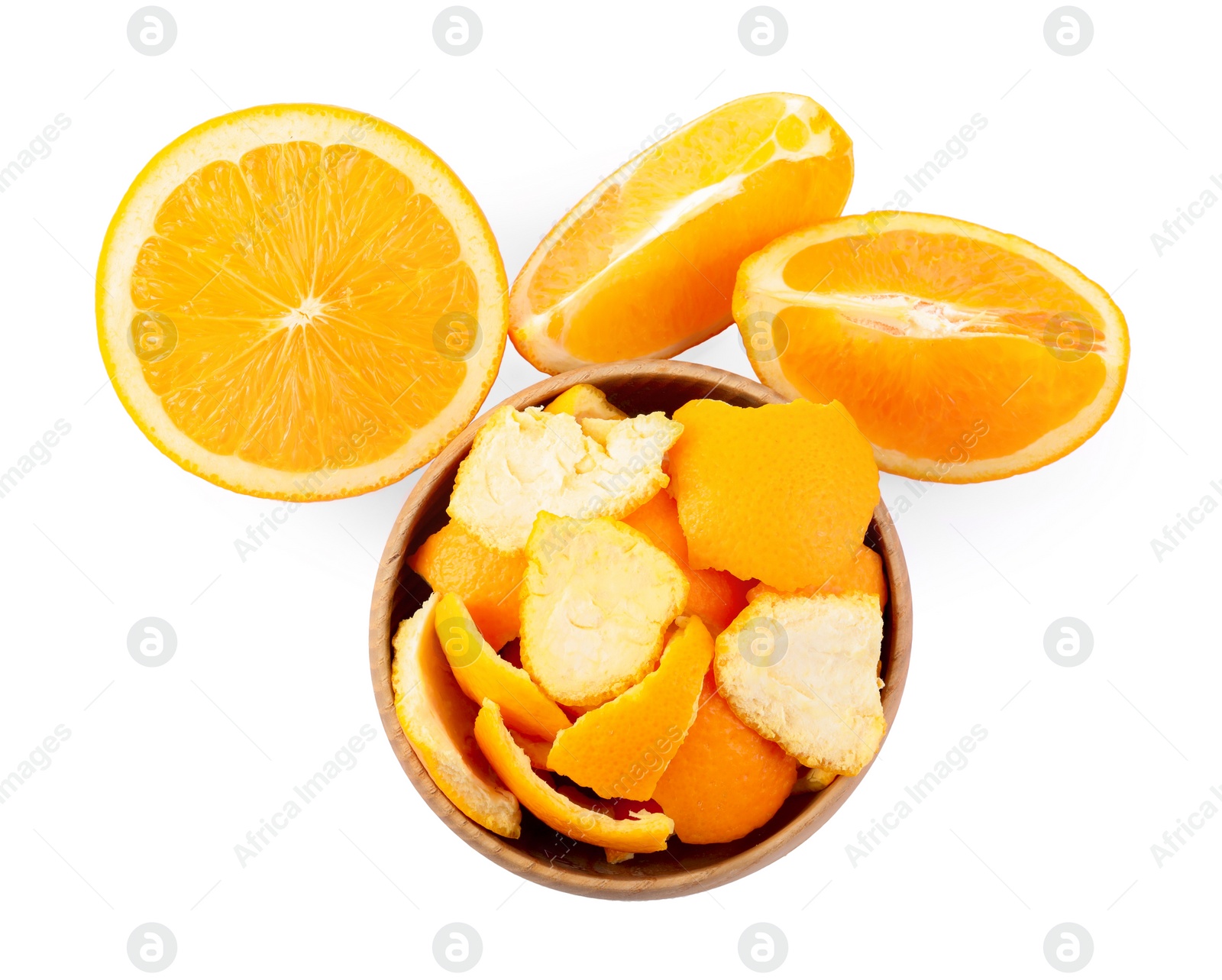 Photo of Orange peels preparing for drying and fresh fruits isolated on white, top view