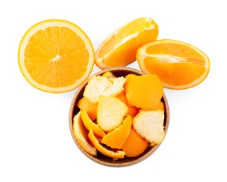 Orange peels preparing for drying and fresh fruits isolated on white, top view