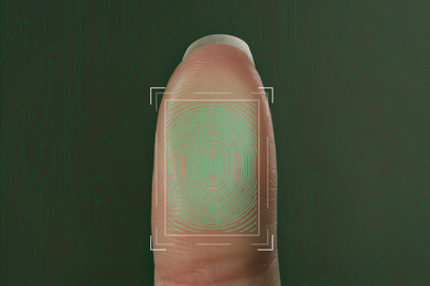 Image of Woman using biometric fingerprint scanner on color background, closeup