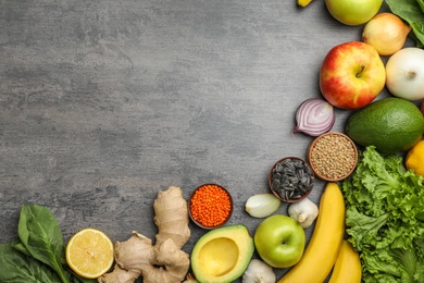 Flat lay composition with natural products and space for text on color background. Home remedies for asthma