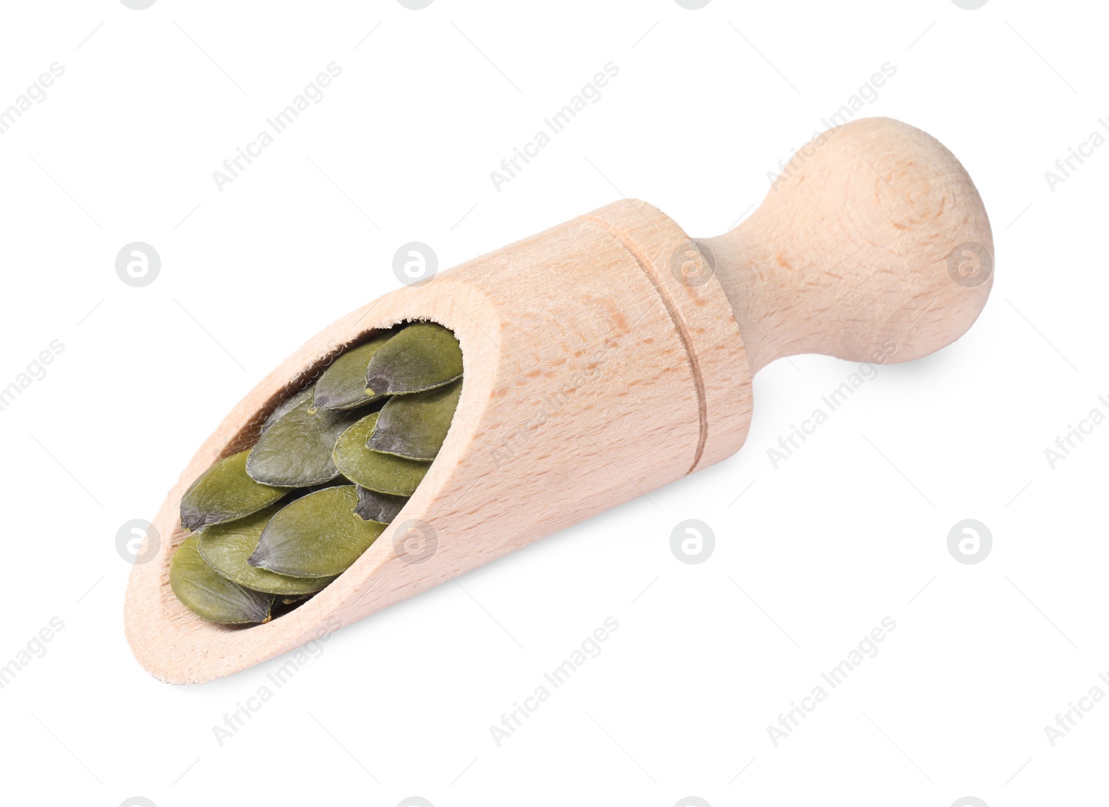 Photo of Wooden scoop with pumpkin seeds isolated on white