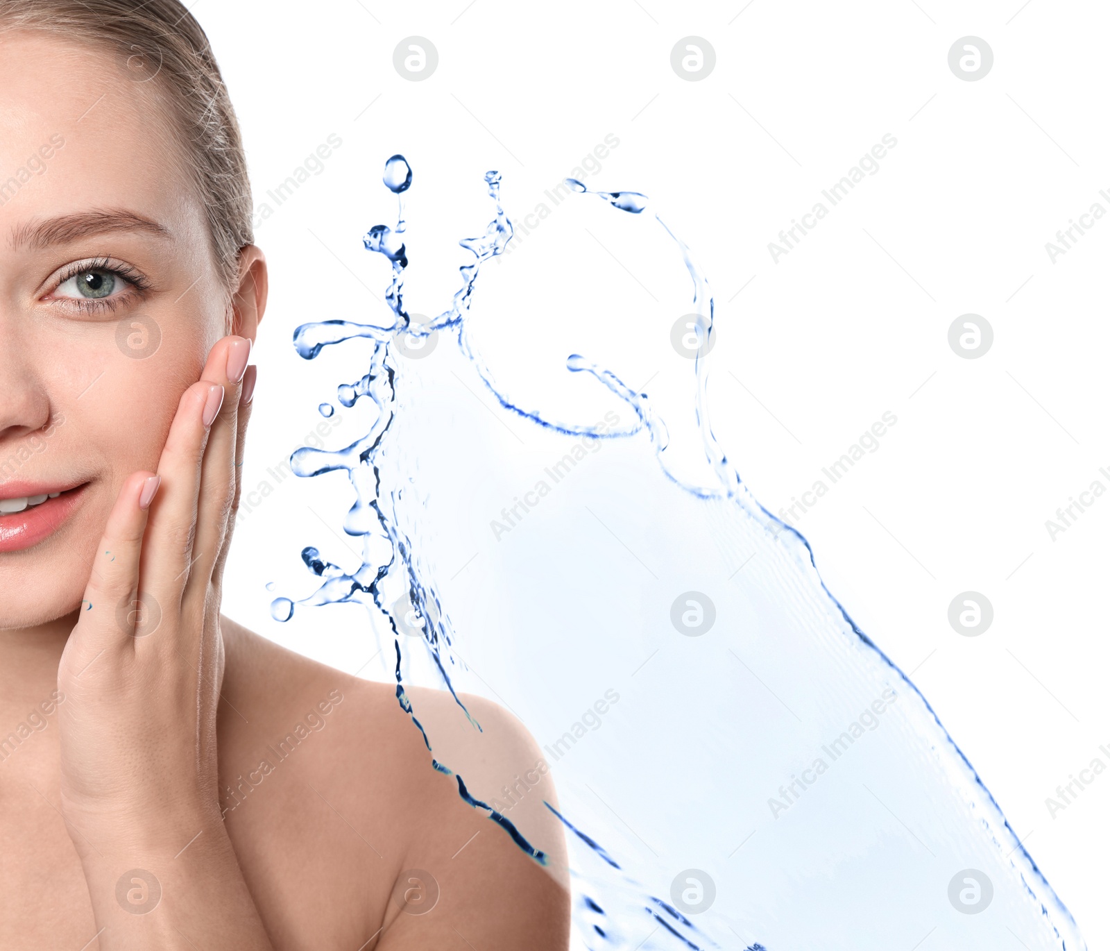 Image of Beautiful woman with perfect skin and splash of clear water on white background