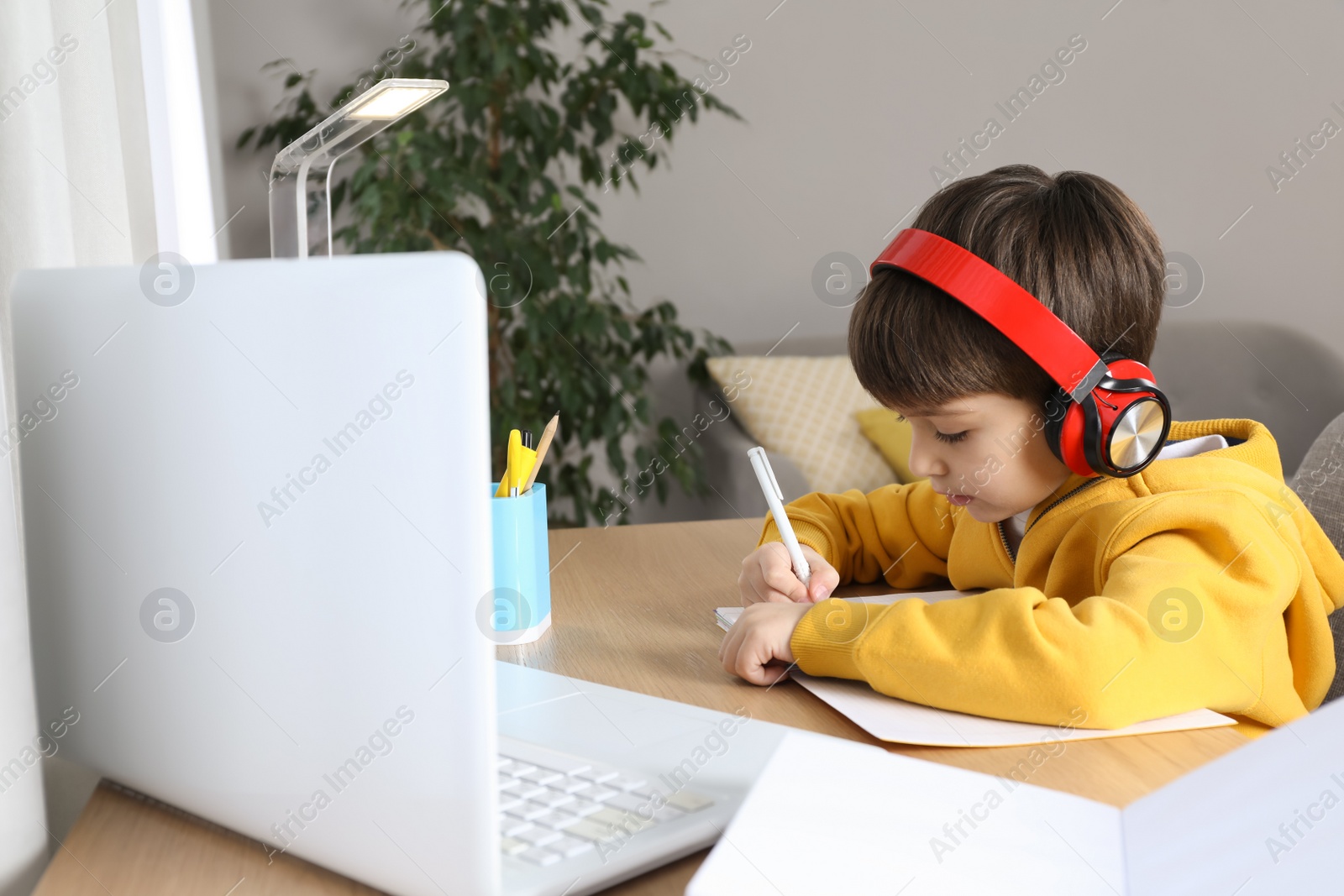 Photo of Cute little boy with modern laptop studying online at home. E-learning